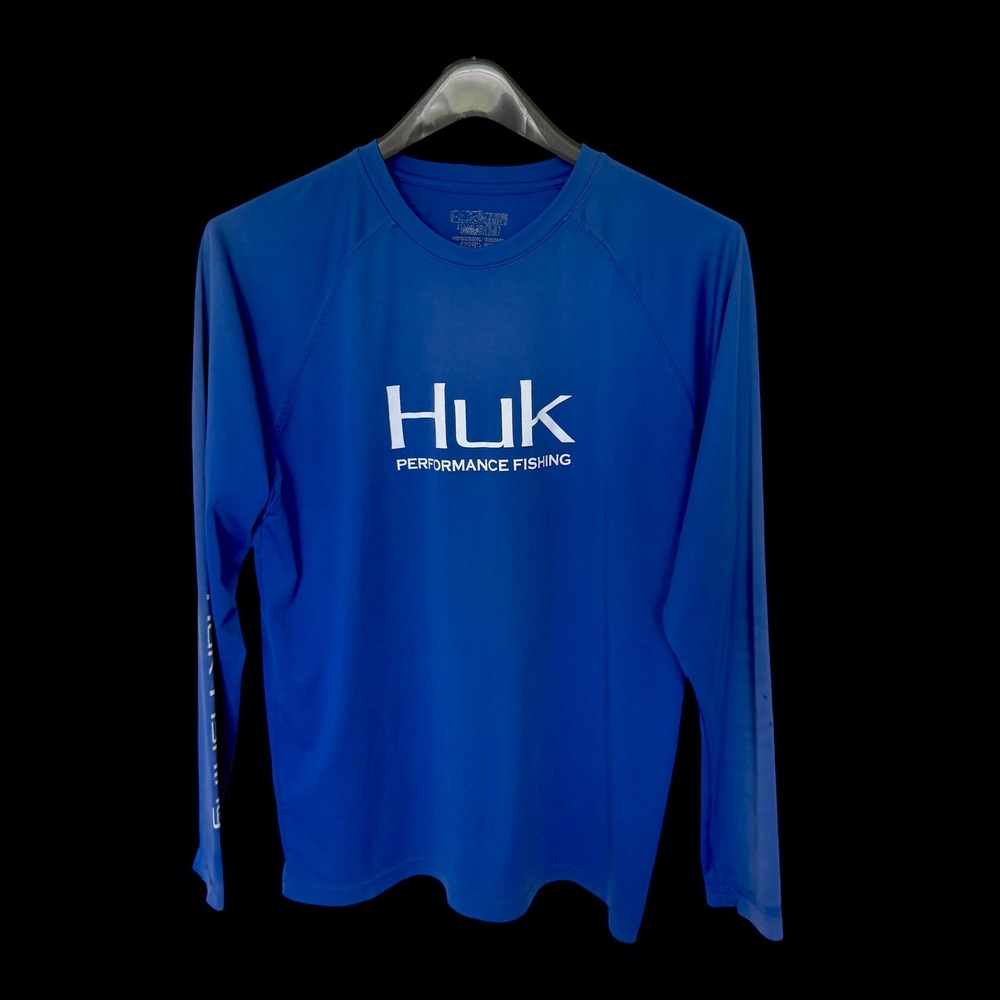 Huk Performance Fishing Long Sleeve Shirt Blue Logo Med Distressed